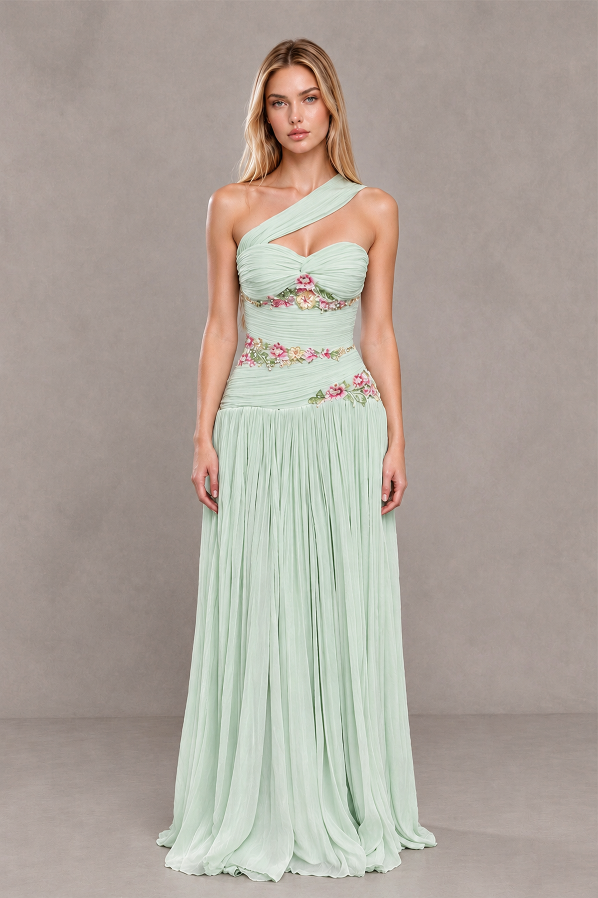 BOLODOO Mint Green One-Shoulder Floral Applique A-Line Evening Dress - Mint Green - Mint Green_2