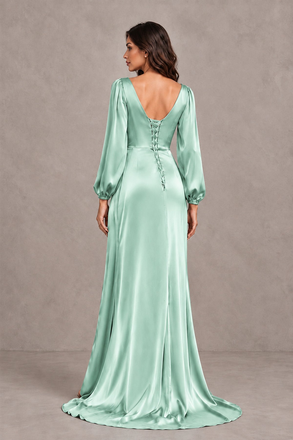 BOLODOO Mint Green Satin-Look Long Sleeve Evening Dress with High Slit - Mint Green - Mint Green_2
