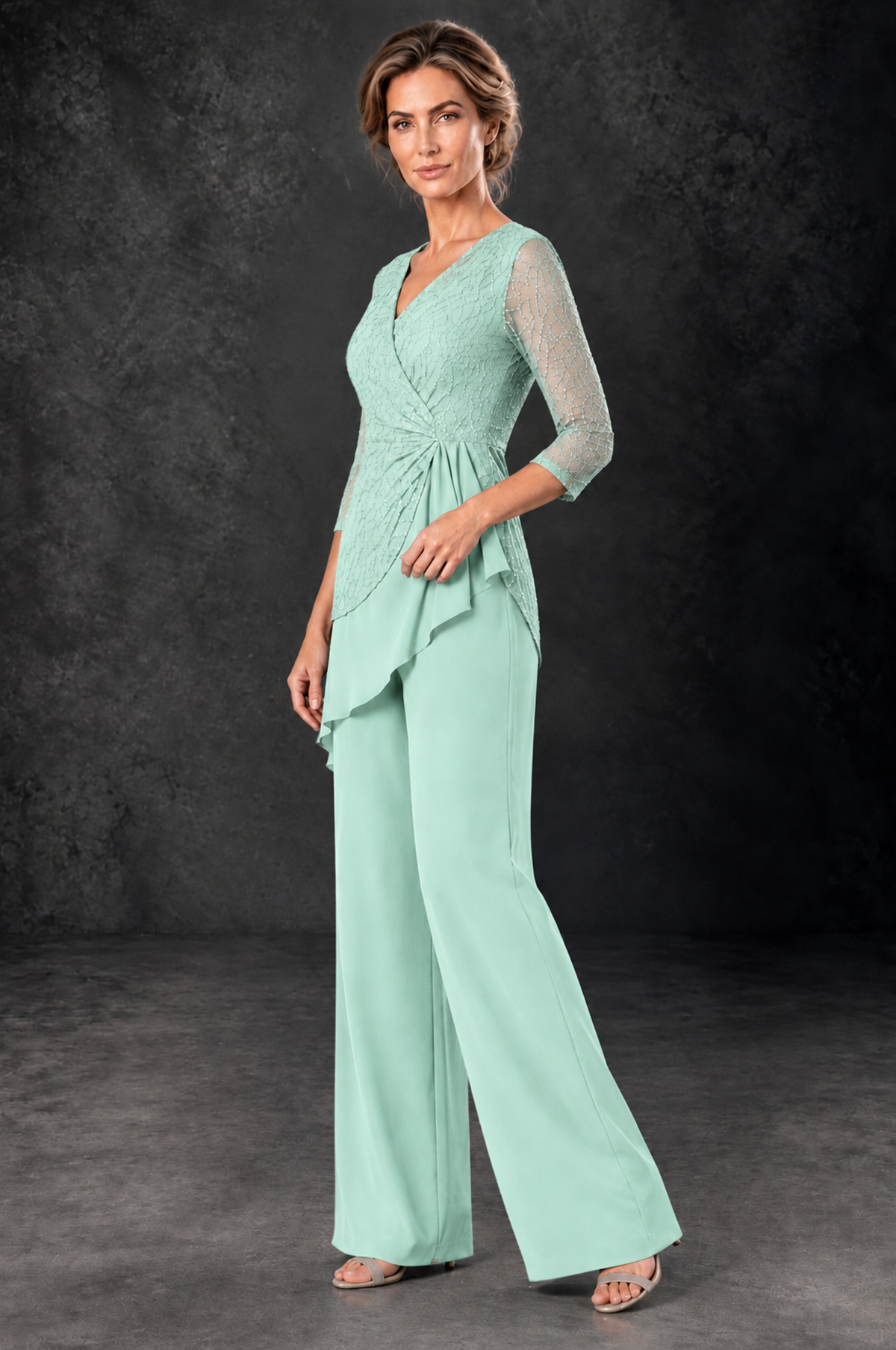 BOLODOO Mint Green Sequin Lace 3/4 Sleeve Chiffon Mother of the Bride Pant Suit - Mint Green - Mint_Green_2