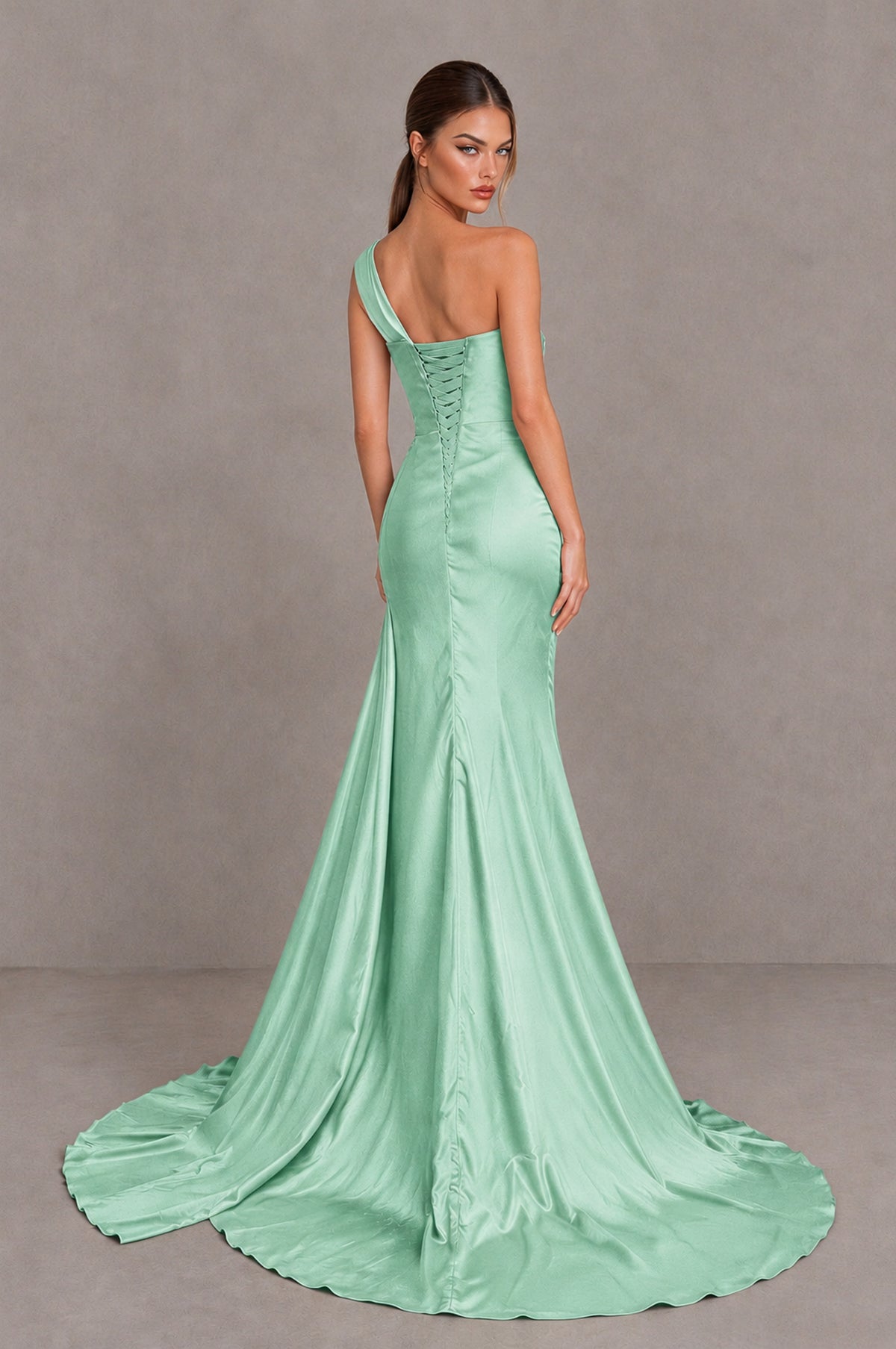 BOLODOO Mint Green One Shoulder Satin Mermaid Evening Dress with Ruched Slit Skirt - Mint Green - Mint Green_2