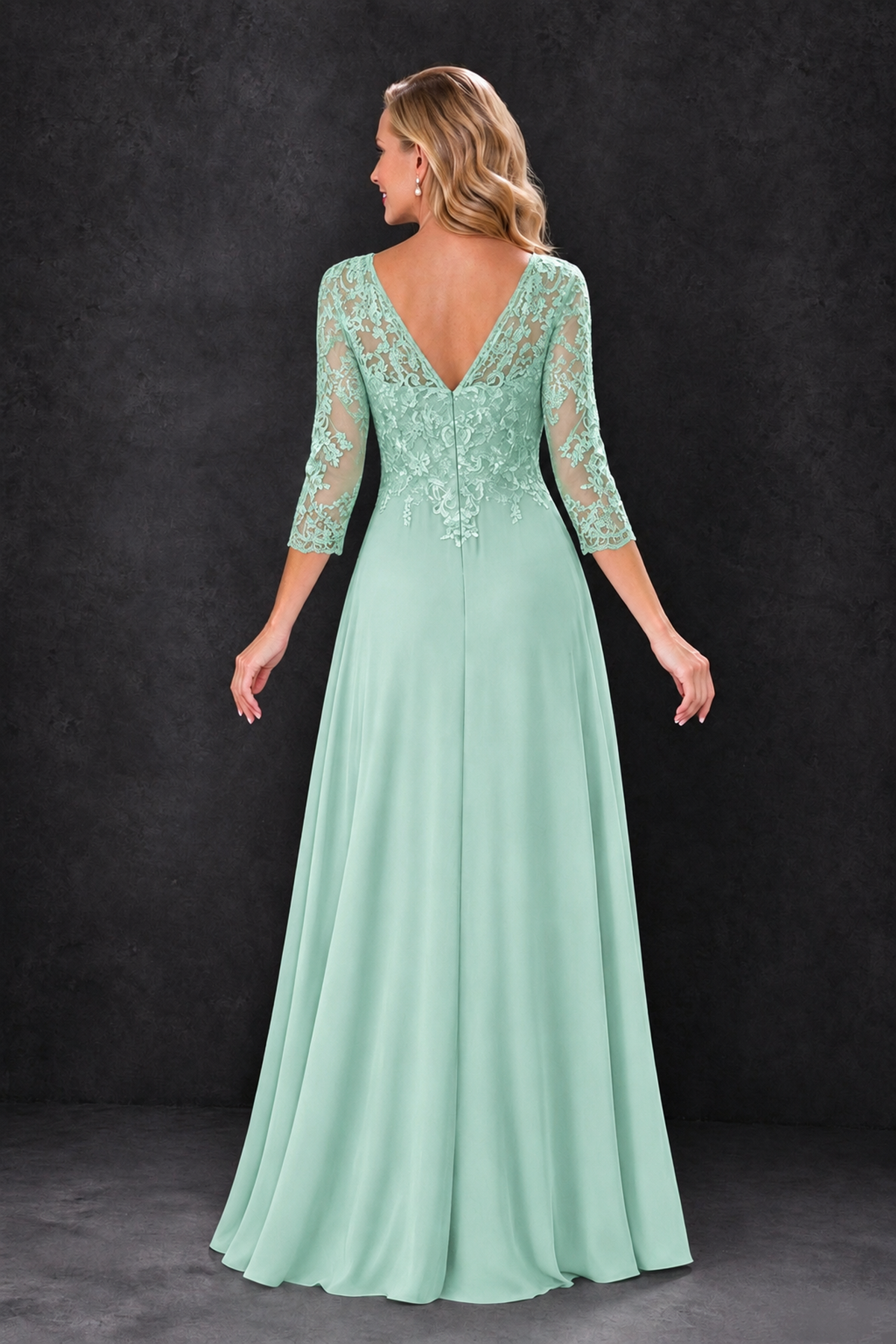 BOLODOO Mint Green Lace Embroidered Mother of the Bride Dress with 3/4 Sleeves - Mint Green - Mint Green_2