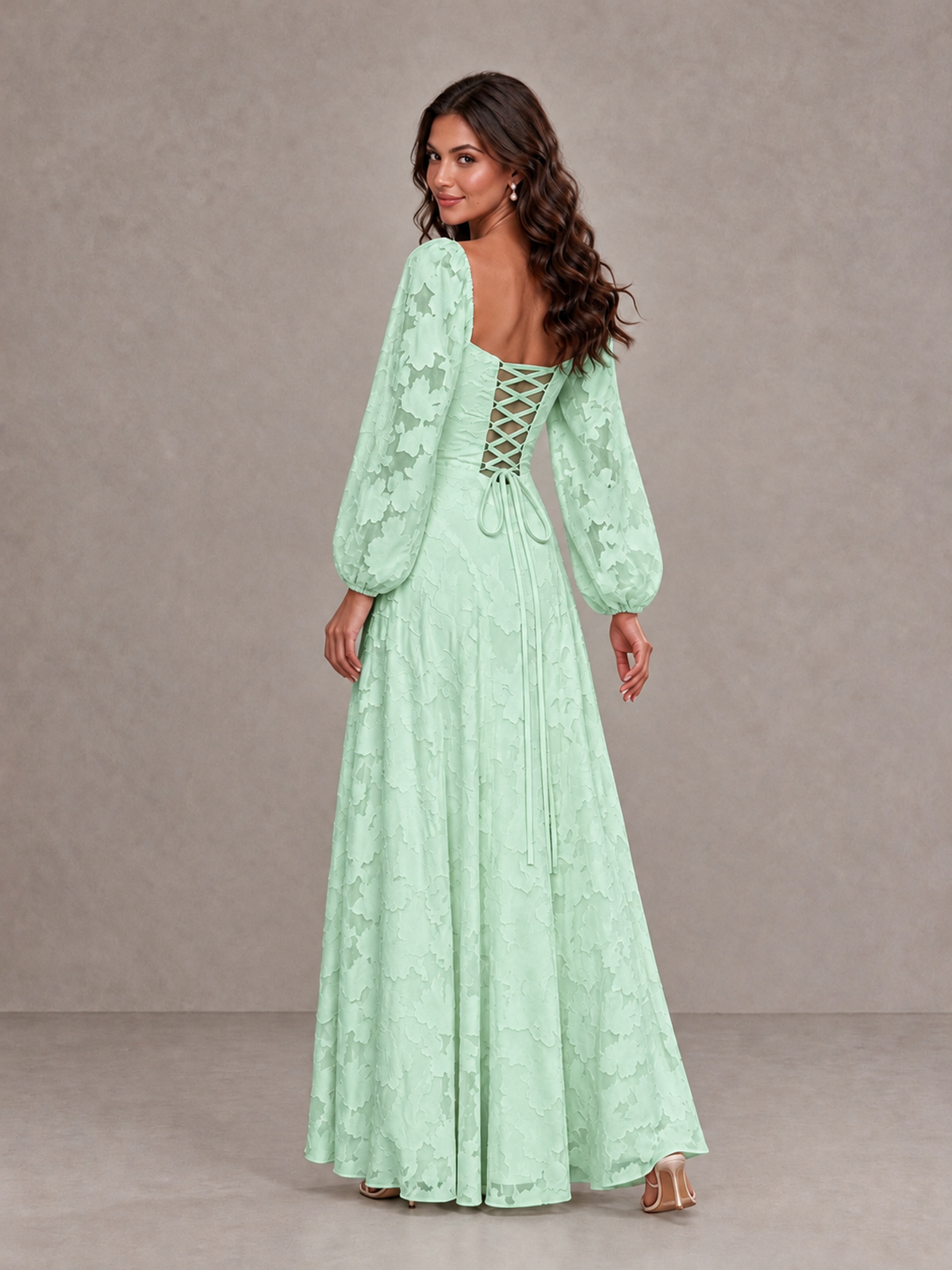 BOLODOO Mint Green Floral Long Sleeve A-Line Bridesmaid Dress - Mint Green - Mint Green_2