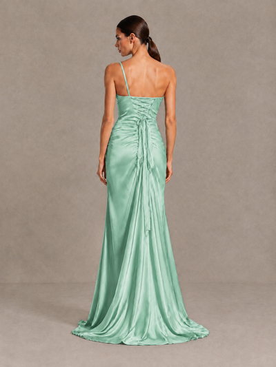 BOLODOO Mint Green One Shoulder Satin Evening Gown with High Slit and Sweep Train - Mint Green - Mint Green_2
