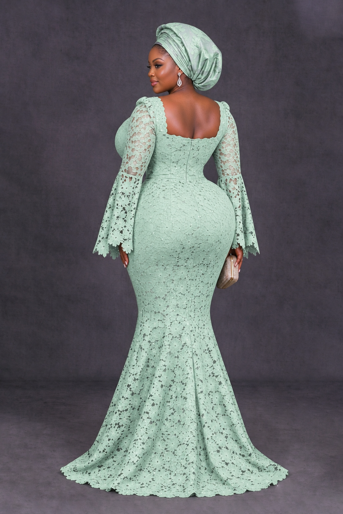 BOLODOO Mint Green African Lace Mermaid Dress, Plus Size Nigerian Wedding Guest Gown with Bell Sleeves - Mint Green - Mint Green_2