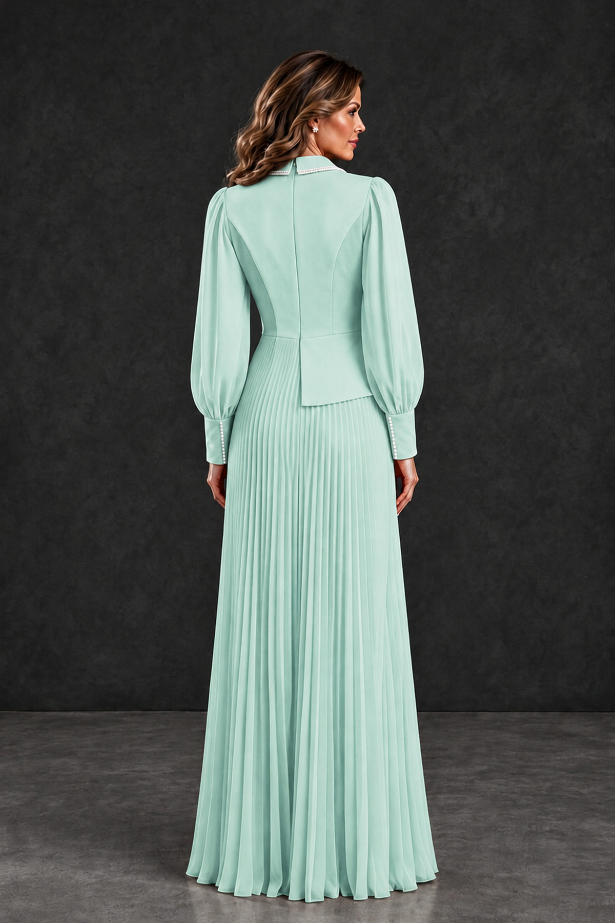 BOLODOO Mint Green Long Sleeve Pleated Mother of the Bride Dress - Mint Green - Mint Green_2