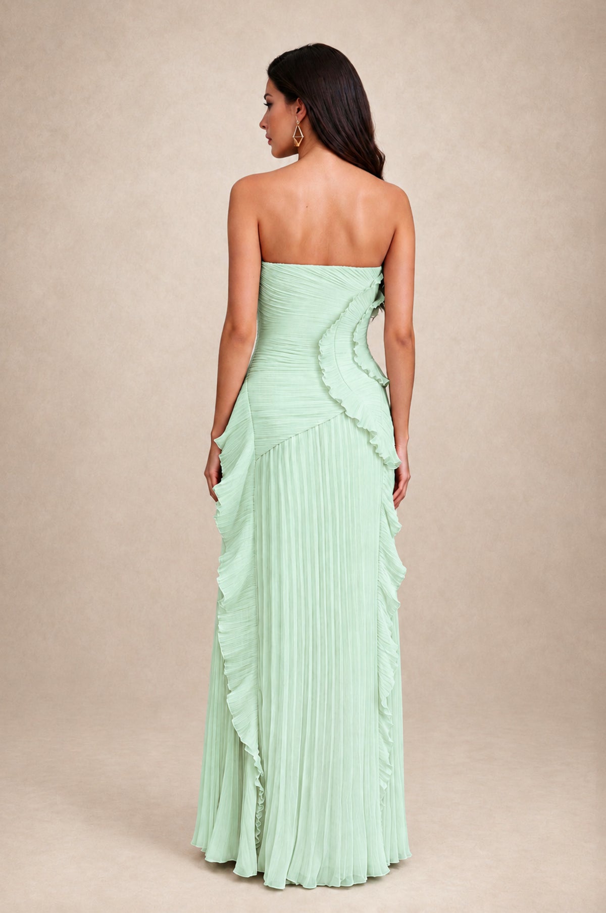 BOLODOO Mint Green Strapless Ruffle Pleated Slit Evening Gown - Mint Green - Mint Green_2