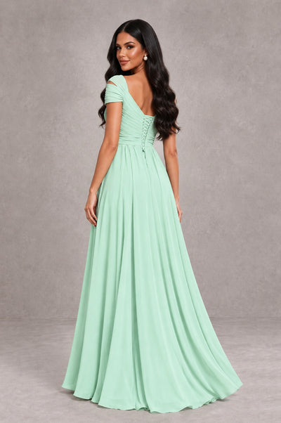 BOLODOO Mint Green Cold Shoulder Chiffon Evening Dress with V Neck and High Slit - Mint Green - Mint Green_2