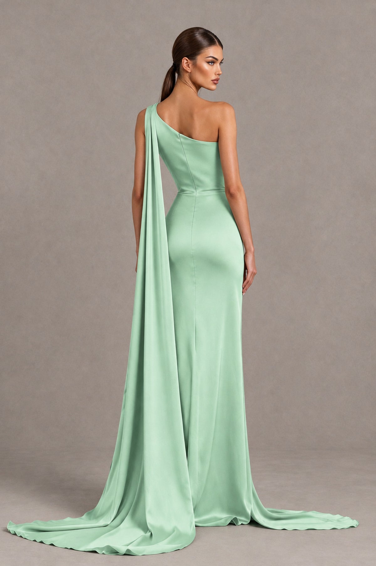 BOLODOO Mint Green One Shoulder Satin Evening Dress with High Slit and Draped Cape Train - Mint Green - Mint Green_2