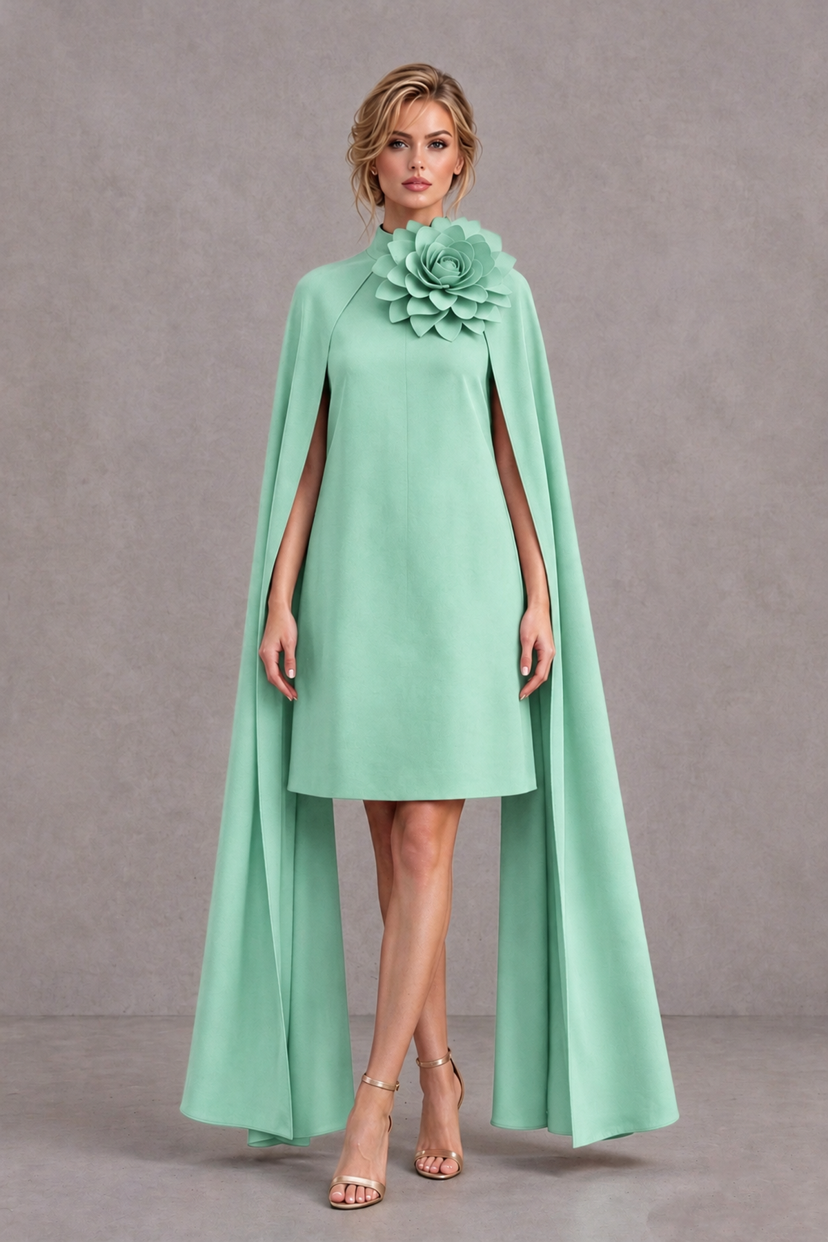 BOLODOO Mint Green High Neck Floral Cape Mini Cocktail Dress - Mint Green - Mint Green_2