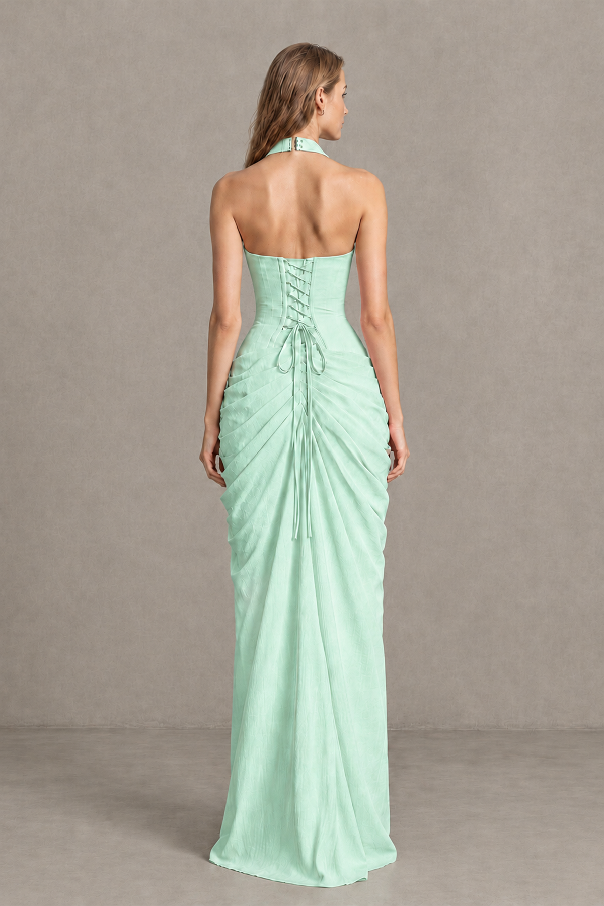 BOLODOO Mint Green Halter Neck Ruched Maxi Dress with High Slit - Mint Green - Mint_Green_2
