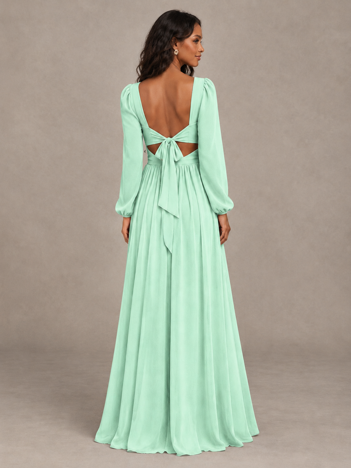 BOLODOO Mint Green V-Neck Long Sleeve Bridesmaid Dress with Tie Back and Slit - Mint Green - Mint Green_2