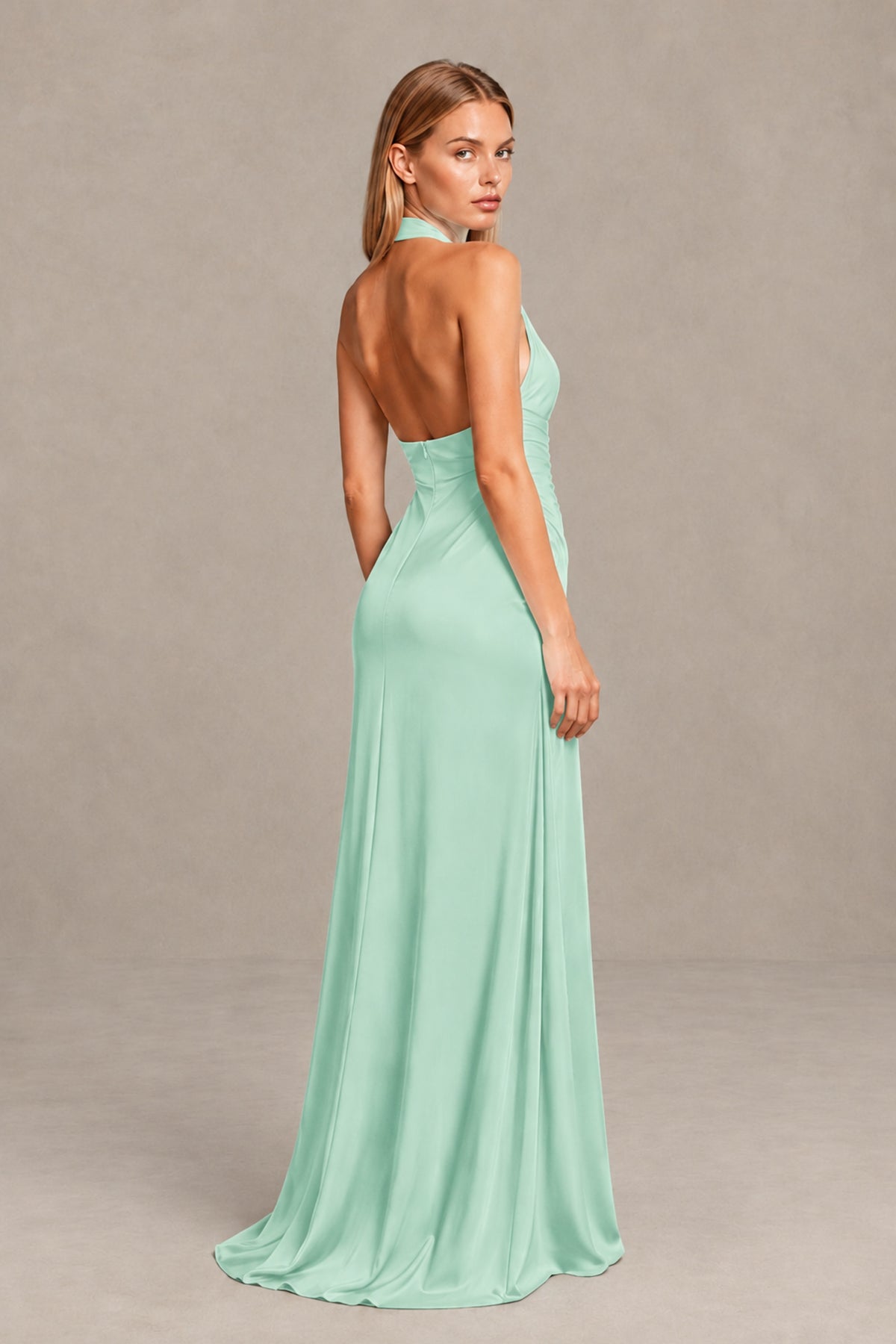 BOLODOO Mint Green Twisted Halter Neck Ruched Sleeveless Open Back Floor-Length Gown - Mint Green - Mint_Green_2