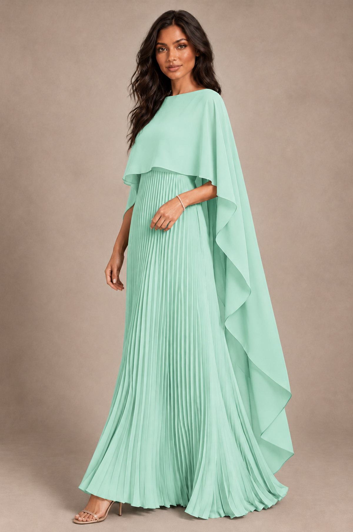 BOLODOO Mint Green Pleated Cape A-Line Evening Dress - Mint Green - Mint_Green_2