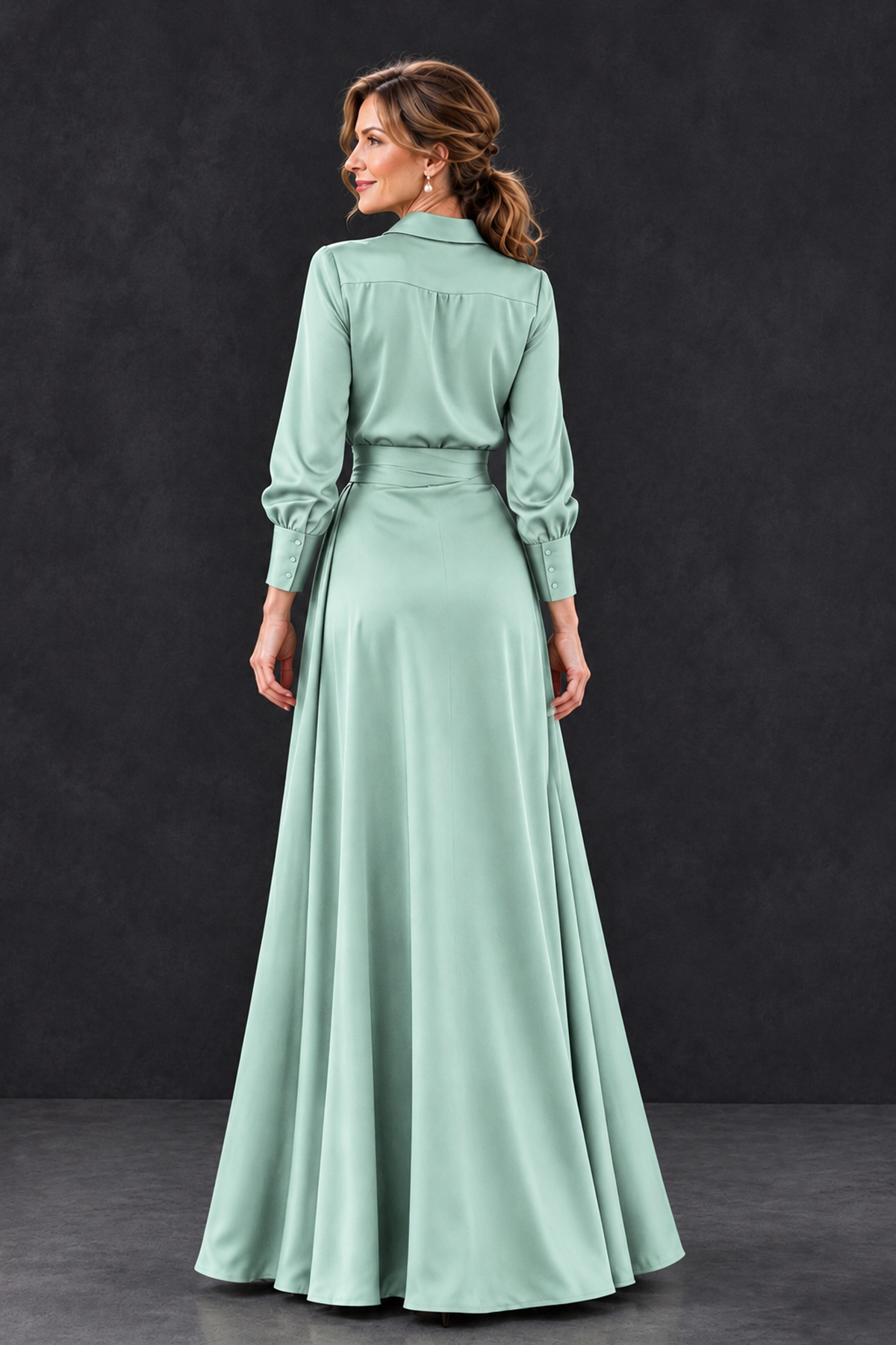 BOLODOO Mint Green Long Sleeve Satin-Look Lace Panel Gown - Mint Green - Mint Green_2