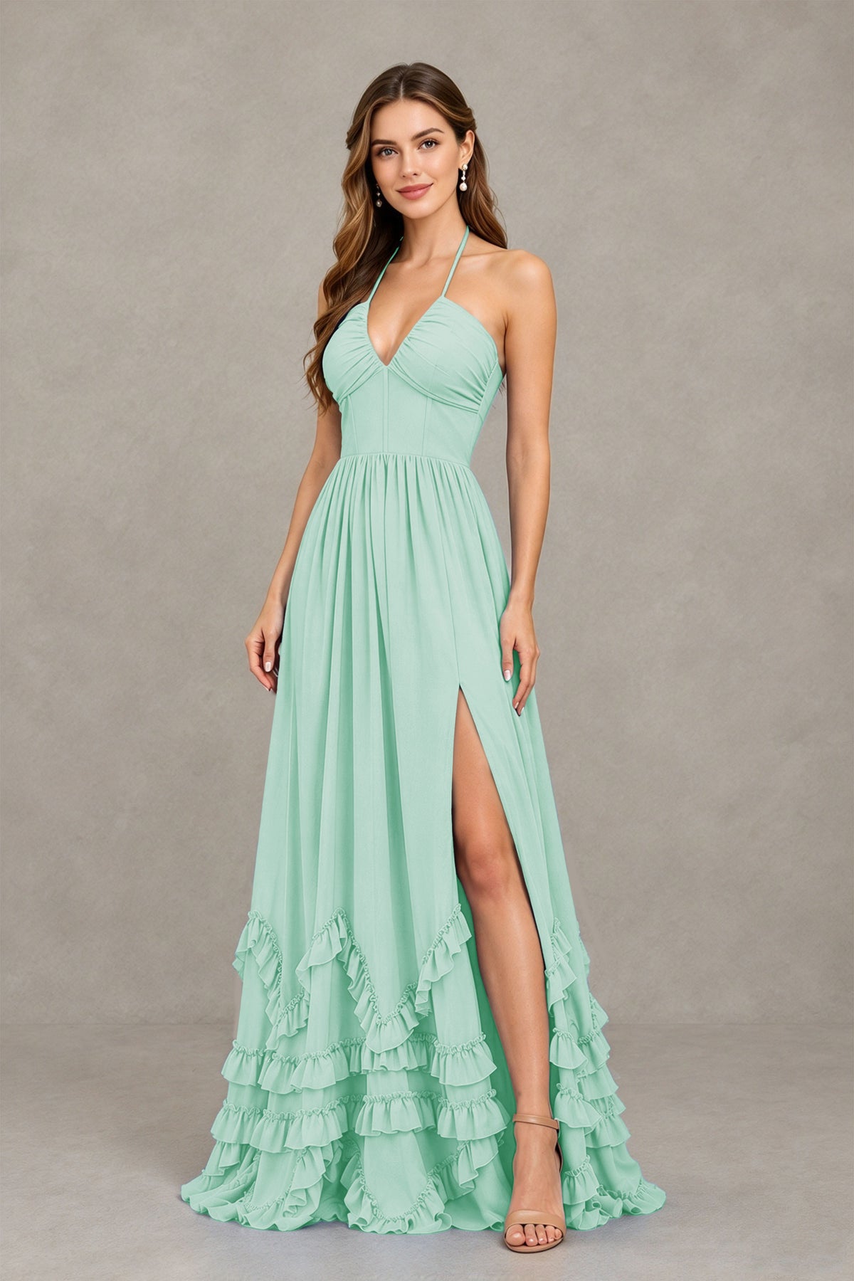 BOLODOO Mint Green Halter Ruffle Hem A-Line Bridesmaid Dress with High Slit - Mint Green - Mint Green(3)
