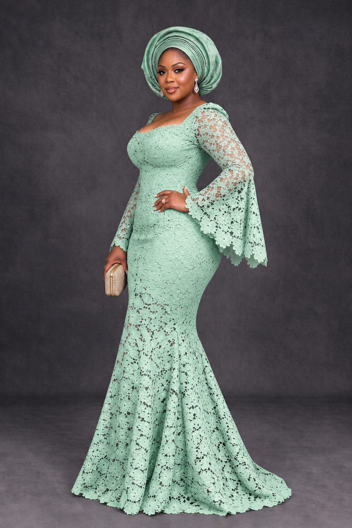 BOLODOO Mint Green African Lace Mermaid Dress, Plus Size Nigerian Wedding Guest Gown with Bell Sleeves - Mint Green - Mint Green_3