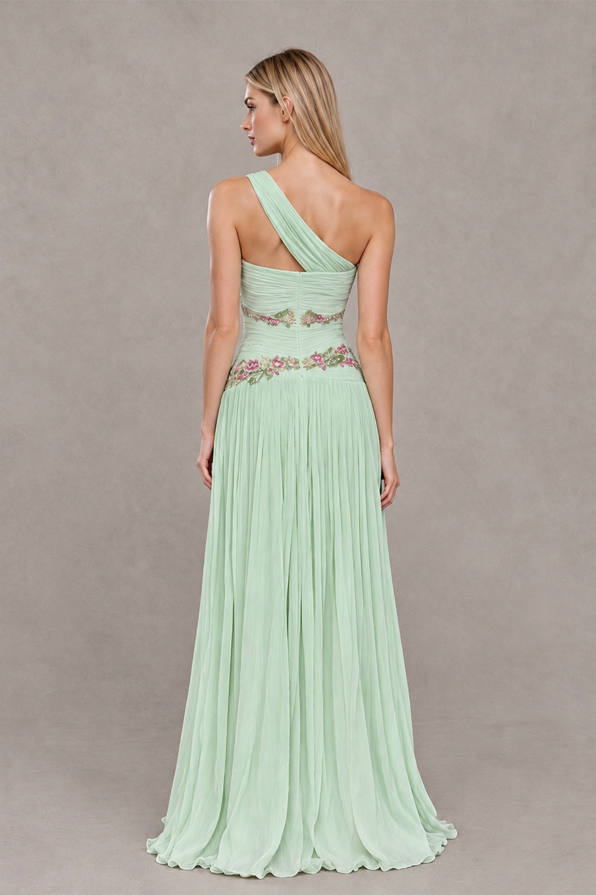BOLODOO Mint Green One-Shoulder Floral Applique A-Line Evening Dress - Mint Green - Mint Green_3