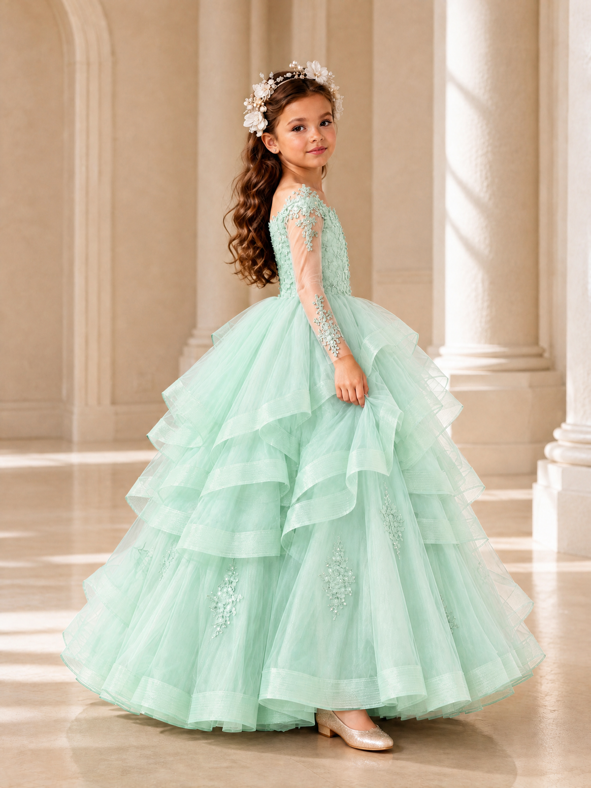 BOLODOO Mint Green Lace Long Sleeve Tiered Flower Girl Dress - Mint Green - Mint_Green_3