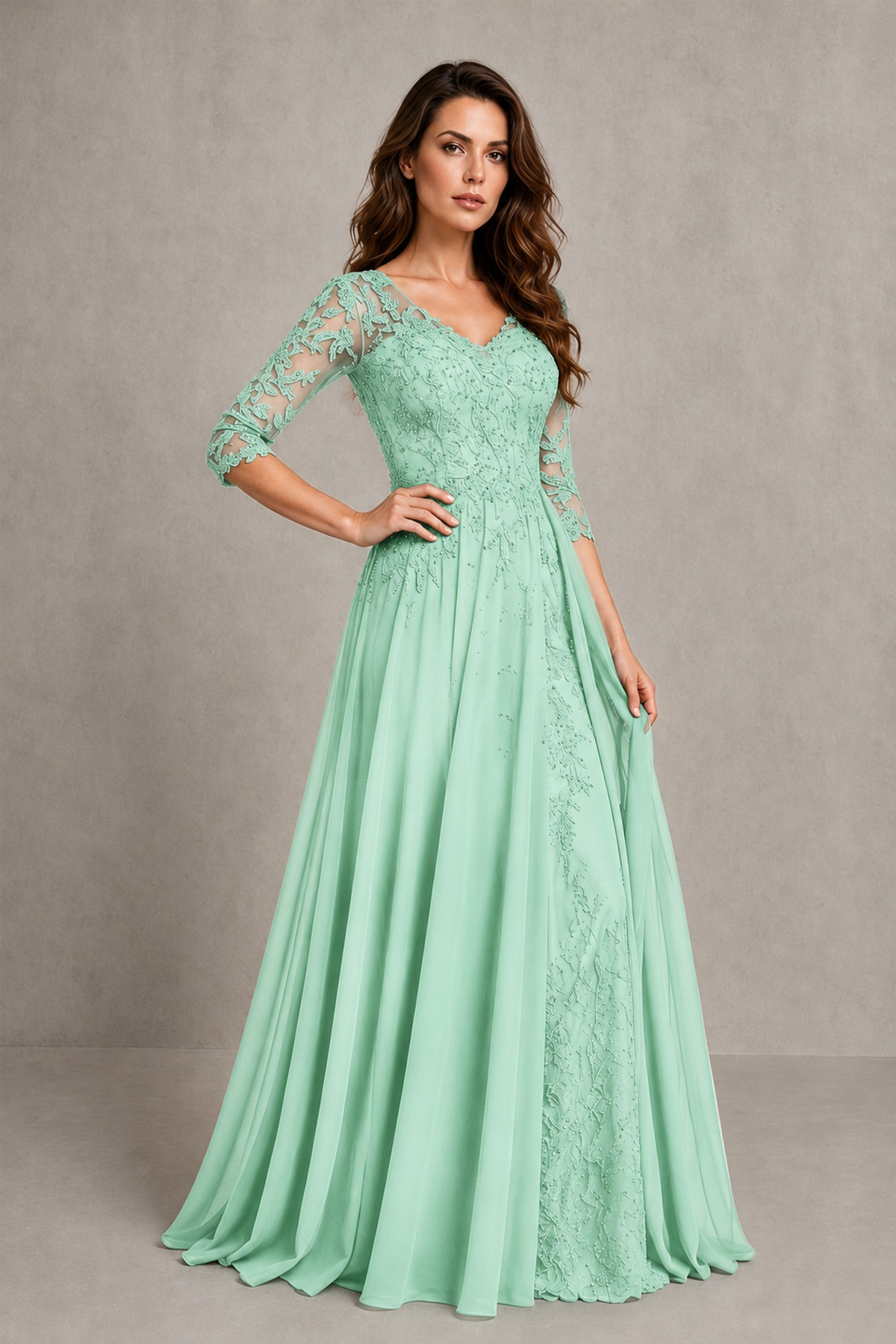 BOLODOO Midnight Mint Green Beaded Lace Appliqué Chiffon A-Line Gown | Mother of the Bride & Formal Evening Dress - Mint Green - Mint Green_3