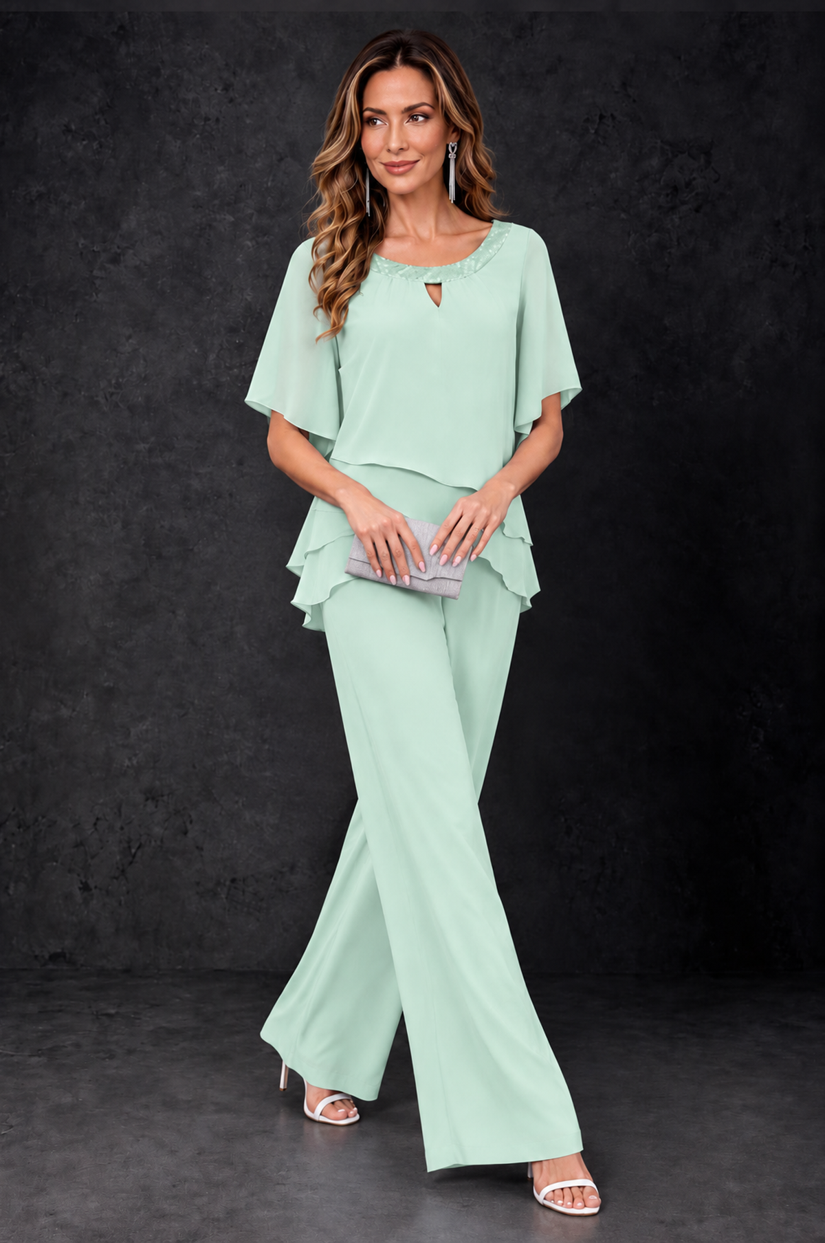 BOLODOO Mint Green Layered Chiffon-Look Mother of the Bride Pantsuit - Mint Green - Mint_Green_3