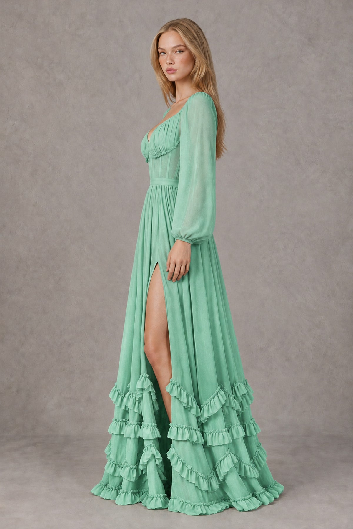 Mint Green Long-Sleeve Ruffle Maxi Dress with Lace-Up Back and Slit - Mint Green