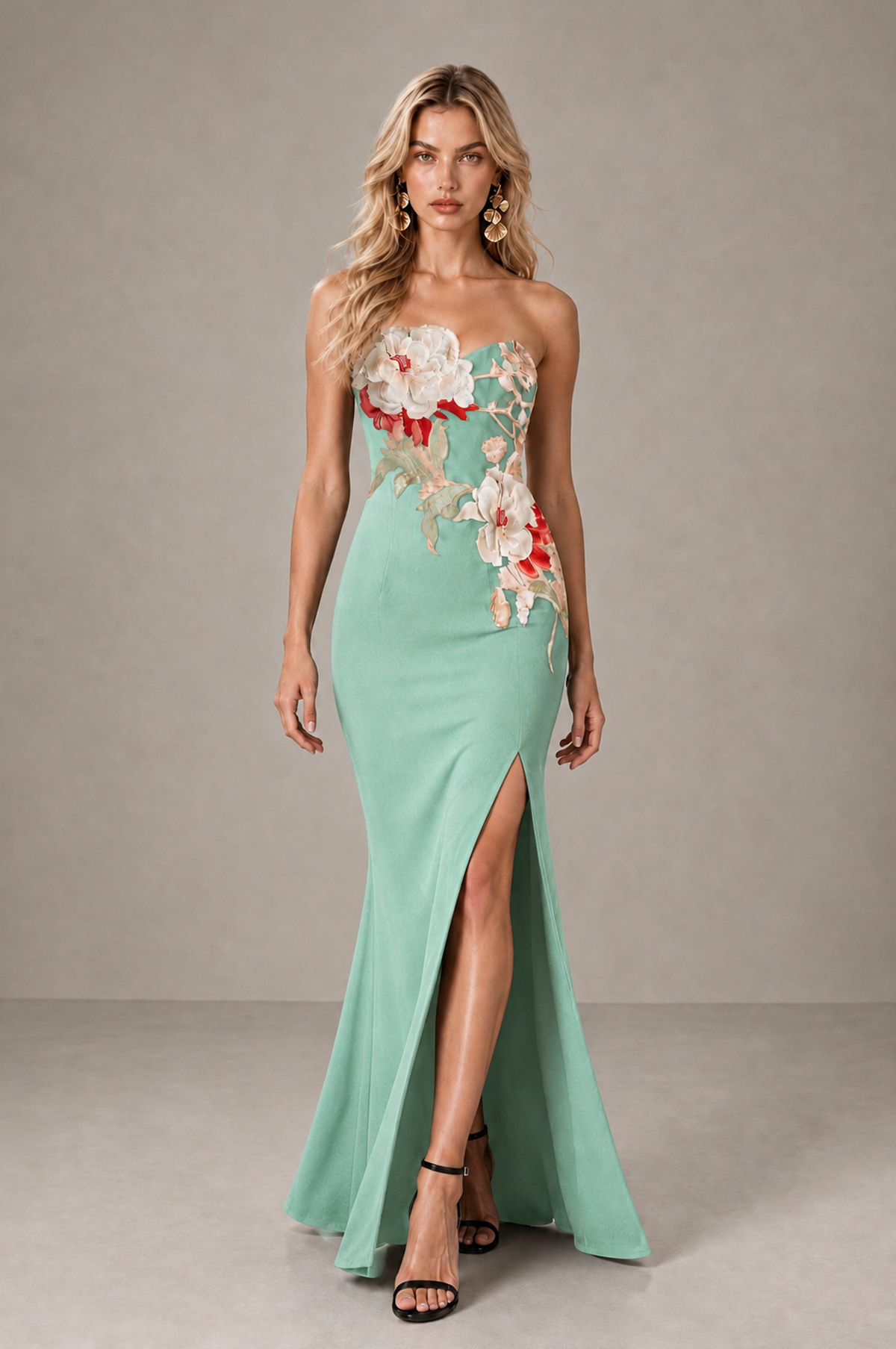 BOLODOO Mint Green Strapless Floral Mermaid Evening Dress with Slit - Mint Green - Mint_Green_3