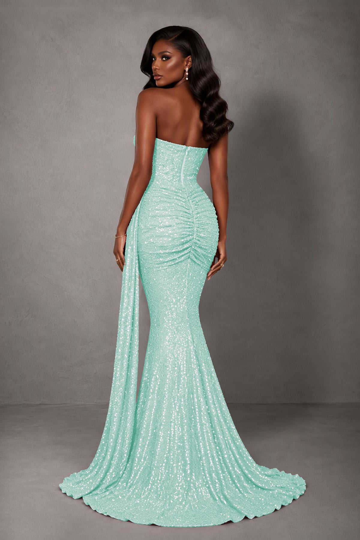 BOLODOO Mint Green Sequin Strapless Corset Mermaid Evening Gown with Train - Mint Green