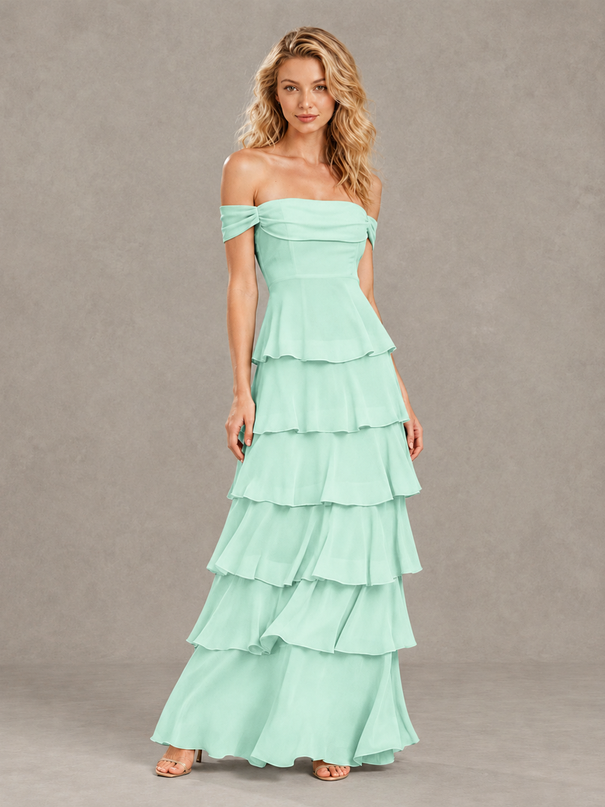 BOLODOO Mint Green Off-Shoulder Tiered Ruffle Bridesmaid Dress with Lace-Up Back - Mint Green - Mint Green_3