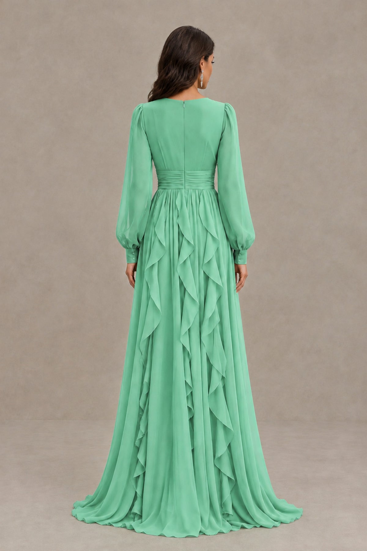 BOLODOO Mint Green Long Sleeve V-Neck Ruffle Maxi Dress - Mint Green
