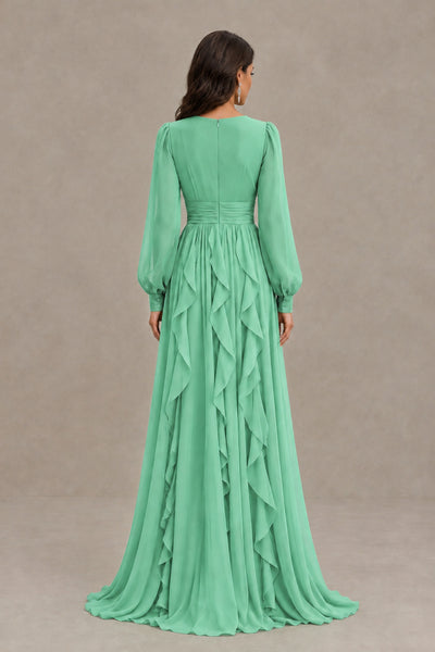 BOLODOO Mint Green Long Sleeve V-Neck Ruffle Maxi Dress - Mint Green