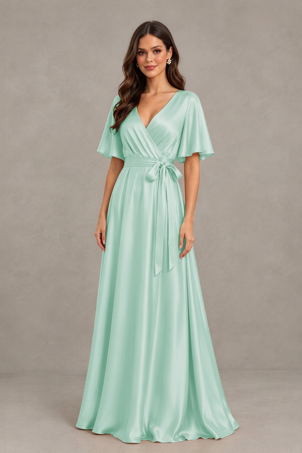 BOLODOO Mint Green Satin V-Neck Flutter Sleeve Bridesmaid Dress with Slit - Mint Green - Mint Green(3)