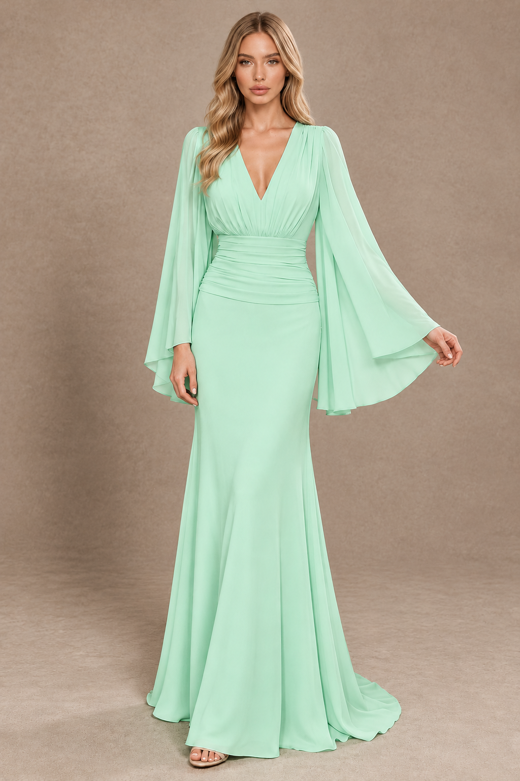 BOLODOO Mint Green Cape Sleeve V-Neck Ruched Chiffon Evening Dress - Mint Green - Mint_Green_3