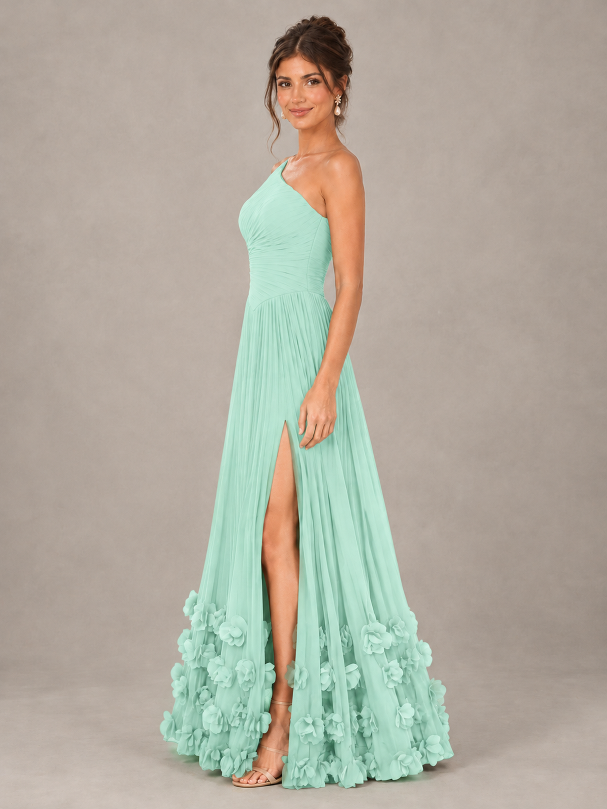 BOLODOO Mint Green One-Shoulder Pleated Bridesmaid Dress with 3D Floral Hem - Mint Green - Mint Green_3