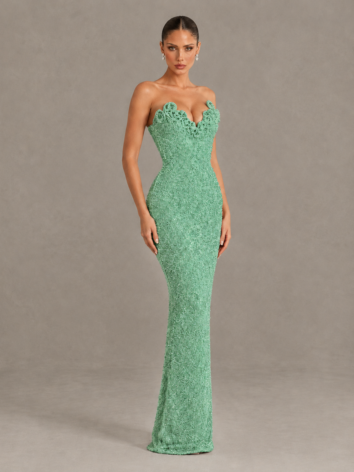 BOLODOO Mint Green Strapless Sequin Evening Gown with Floral Neckline - Mint Green - Mint Green_3