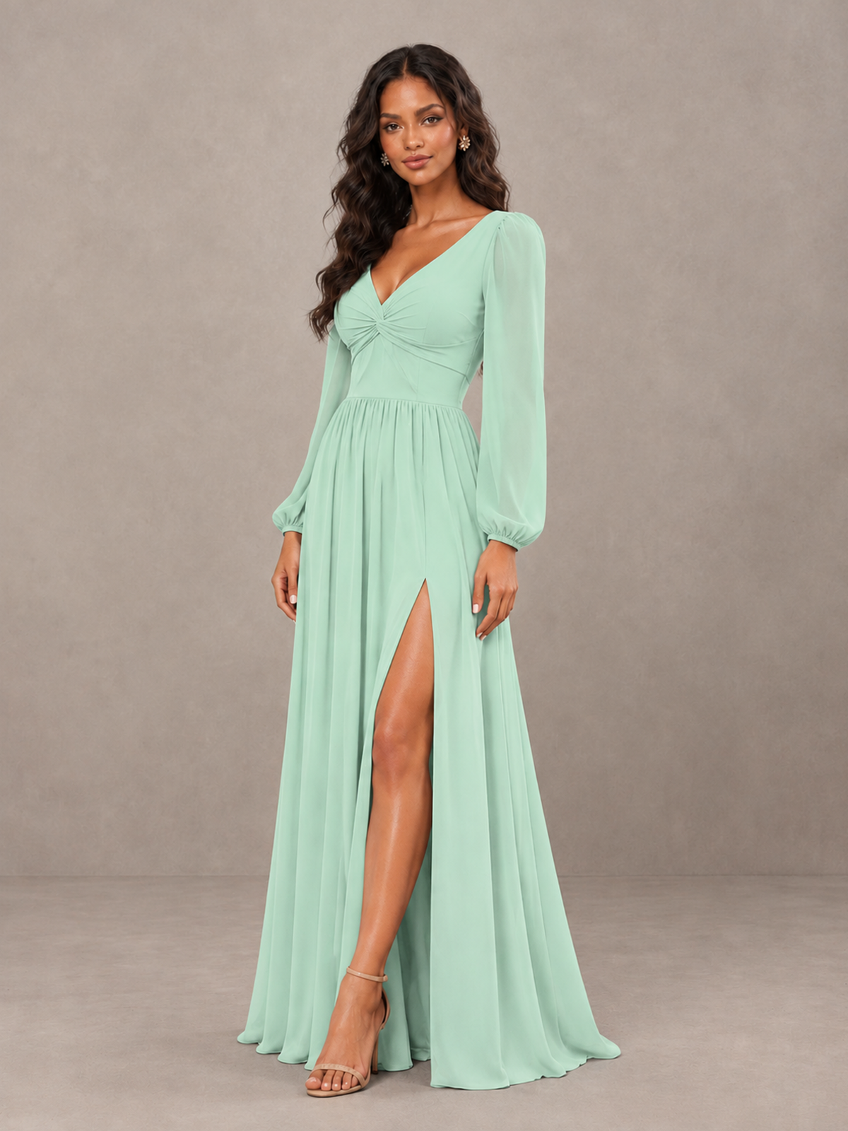BOLODOO Mint Green V-Neck Long Sleeve Bridesmaid Dress with Tie Back and Slit - Mint Green - Mint Green_3