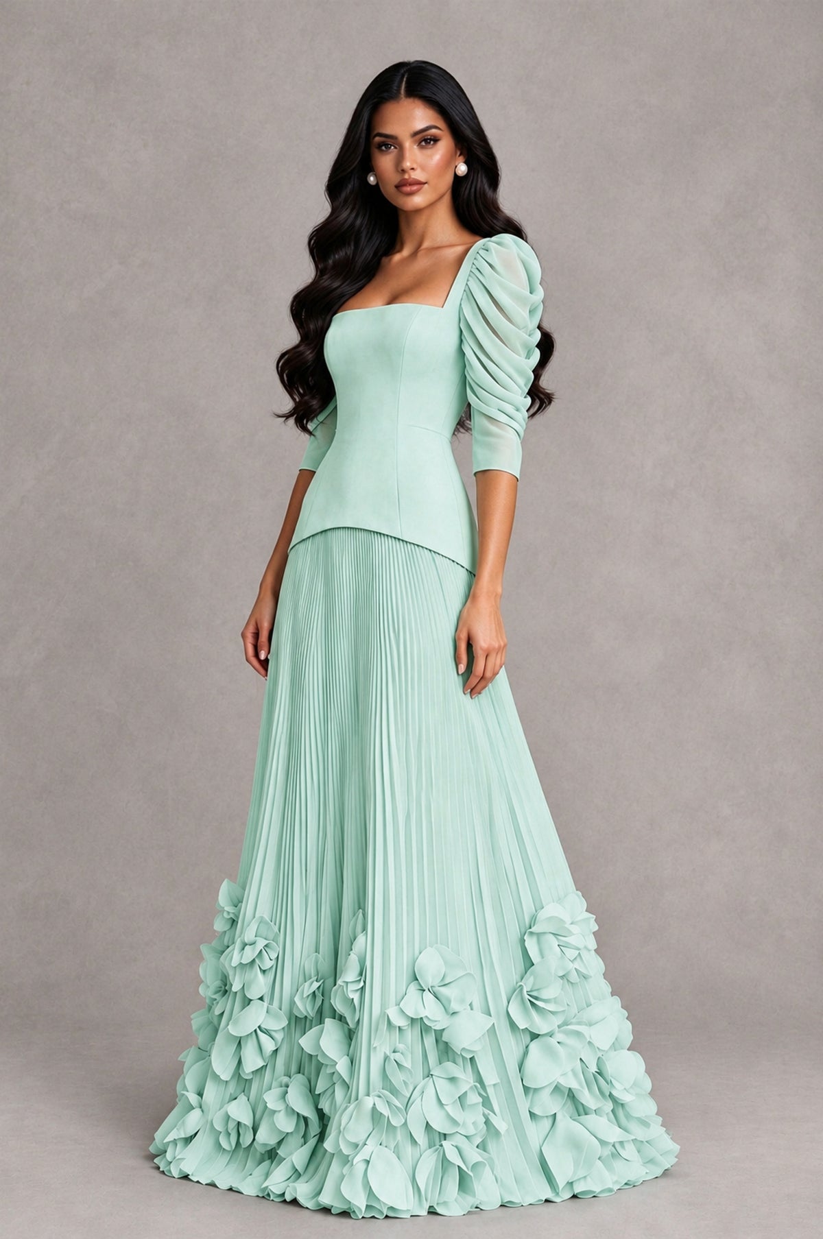 BOLODOO Mint Green Square Neck Pleated Floral Applique Evening Dress - Mint Green - Mint Green_3