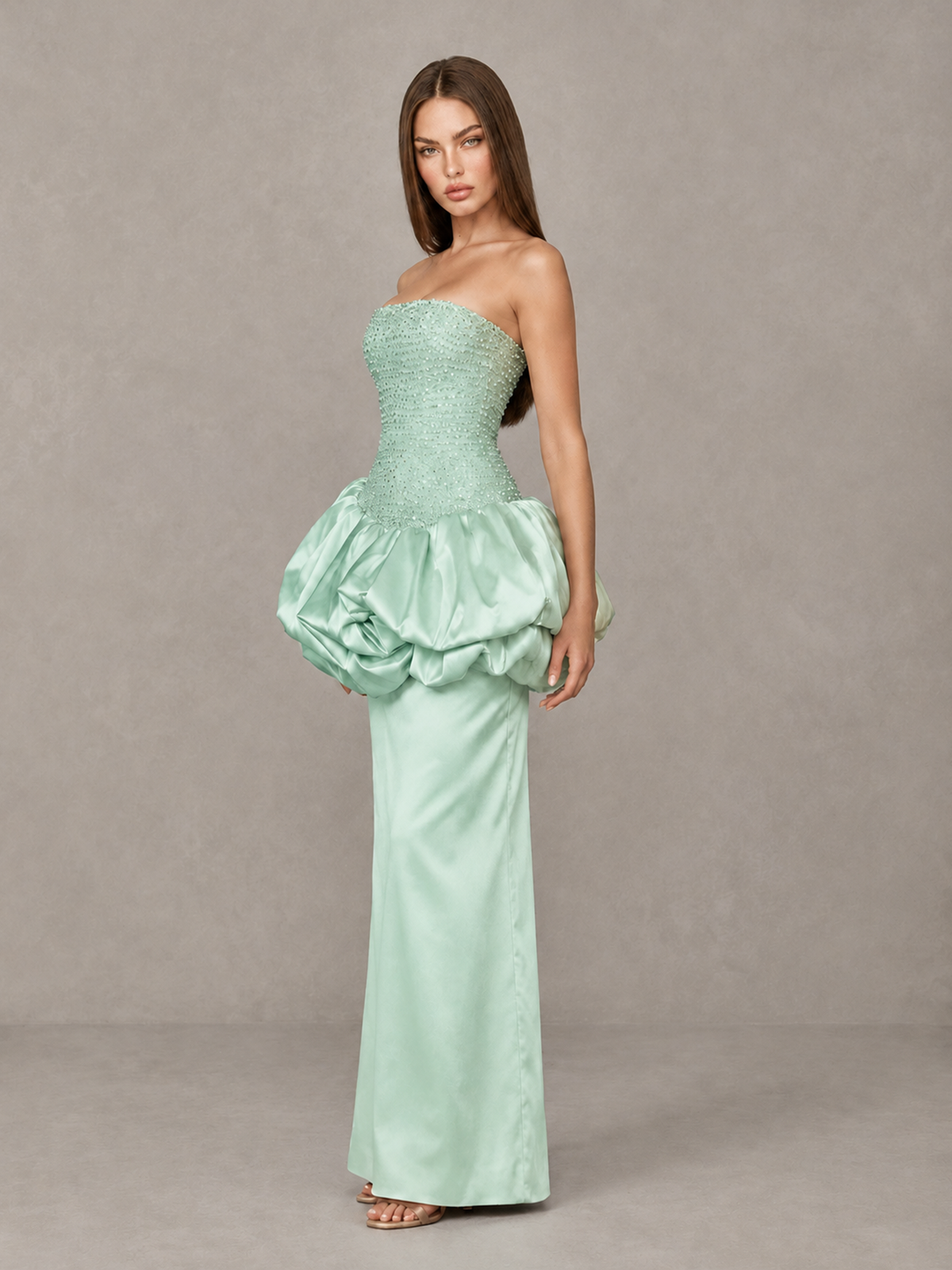 BOLODOO Mint Green Strapless Embellished Bubble Peplum Evening Dress - Mint Green - Mint Green_3