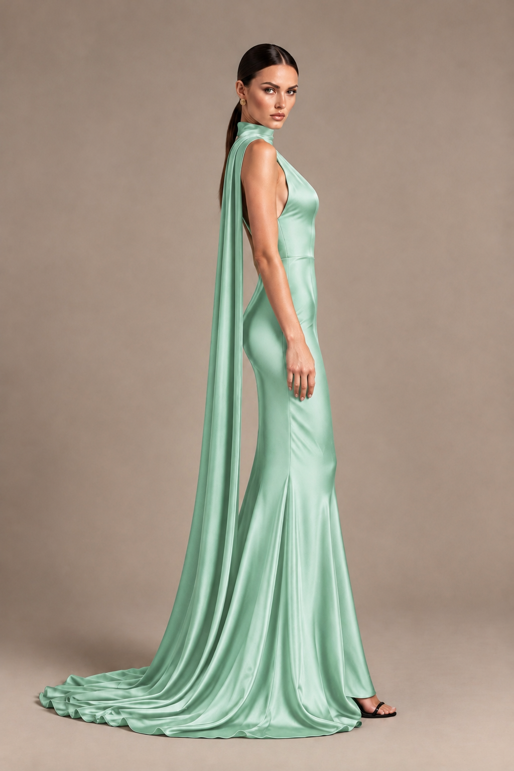 BOLODOO Mint Green One-Shoulder Satin Mermaid Evening Dress with Scarf - Mint Green - Mint Green_3