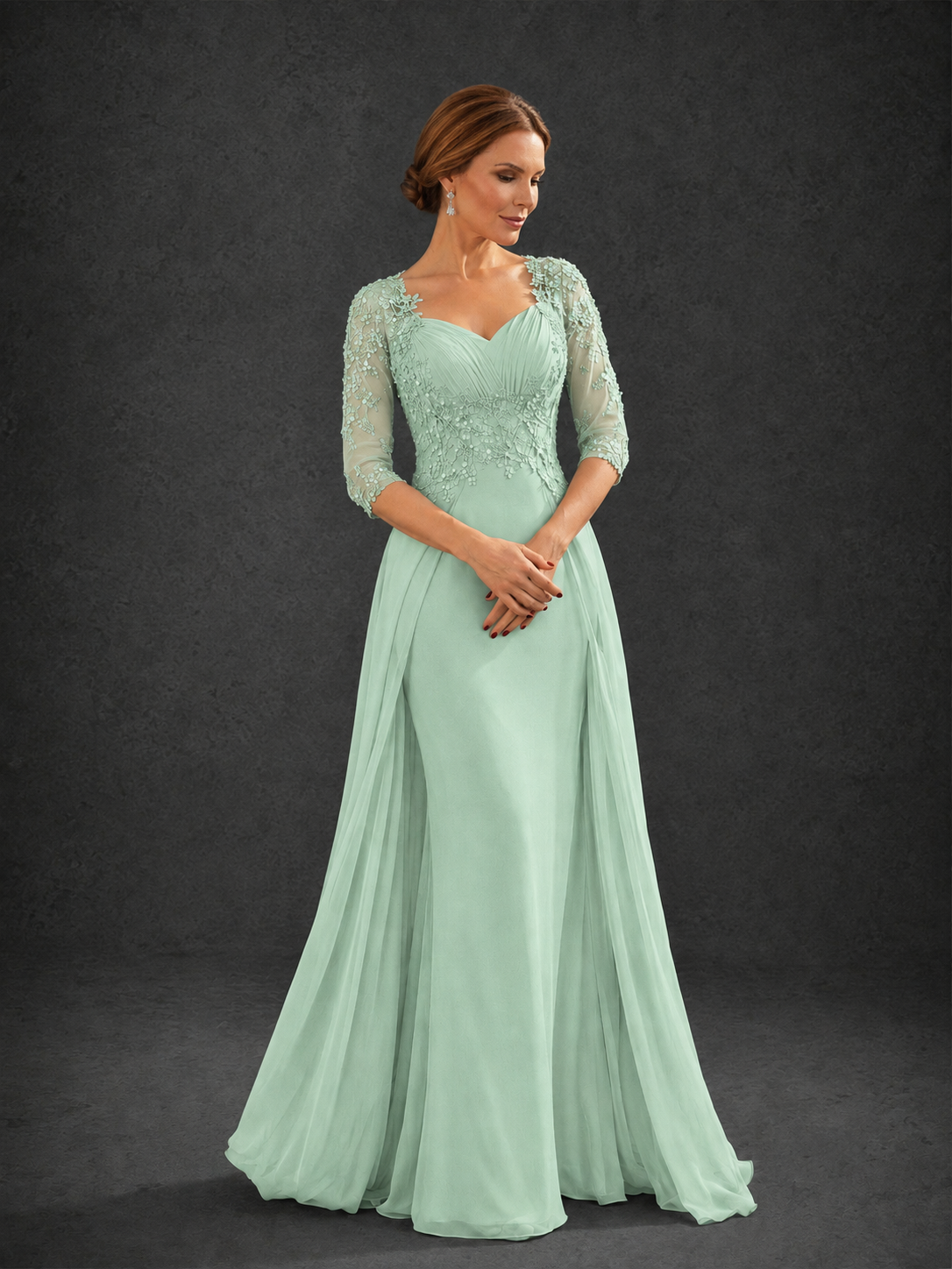 BOLODOO Mint Green Sweetheart Neck 3/4 Sleeve Floral Lace Illusion Bodice Chiffon A-Line Gown - Mint Green