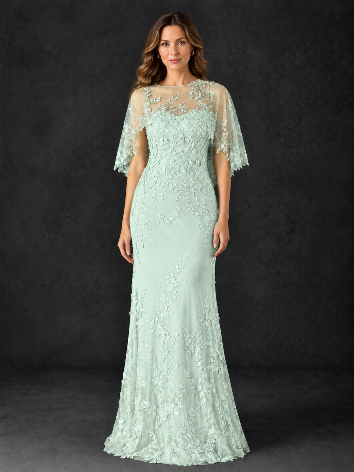 BOLODOO Mint Green Botanical Lace Flutter Sleeve Mermaid Gown - Mint Green - Mint_Green_3