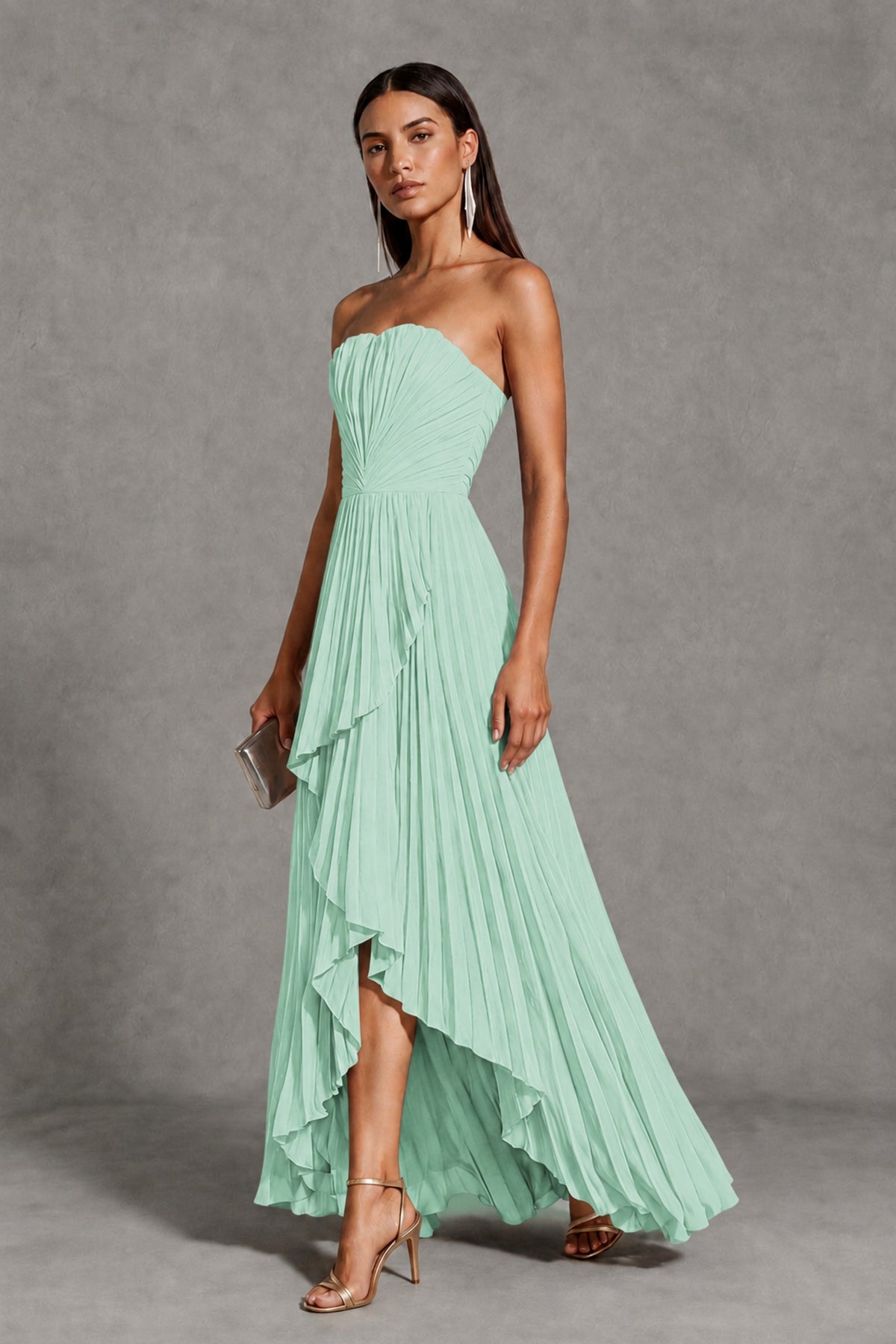 Mint Green Strapless Pleated High-Low Evening Gown with Ruffle Hem - Mint Green - Mint_Green_3