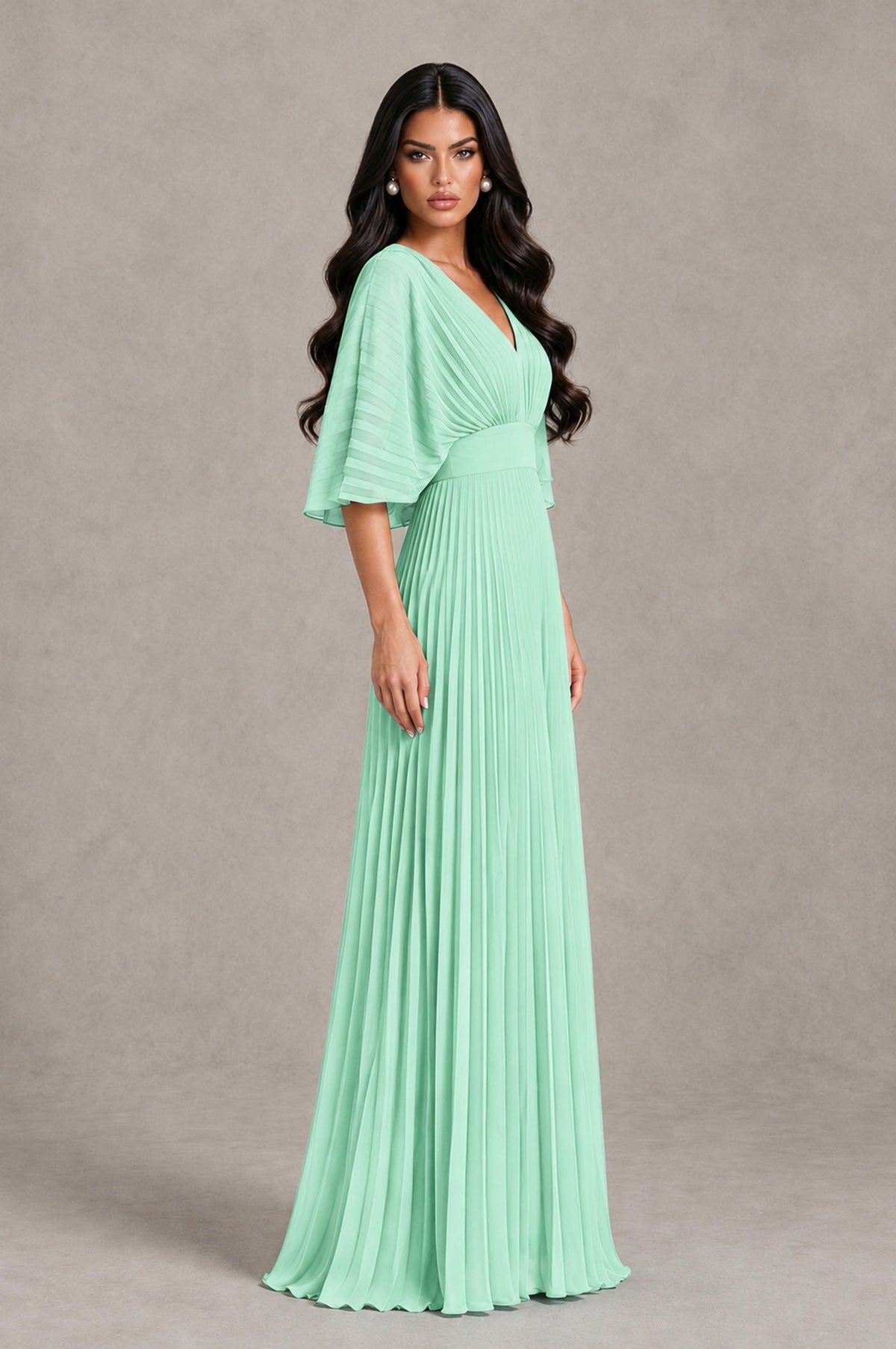 BOLODOO Mint Green V-Neck Pleated Flutter Sleeve Formal Dress - Mint Green - Mint Green_3