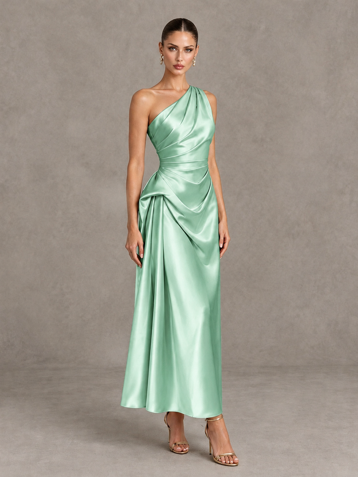 BOLODOO Mint Green One Shoulder Satin Cocktail Dress with Draped A-Line Skirt - Mint Green - Mint Green_3