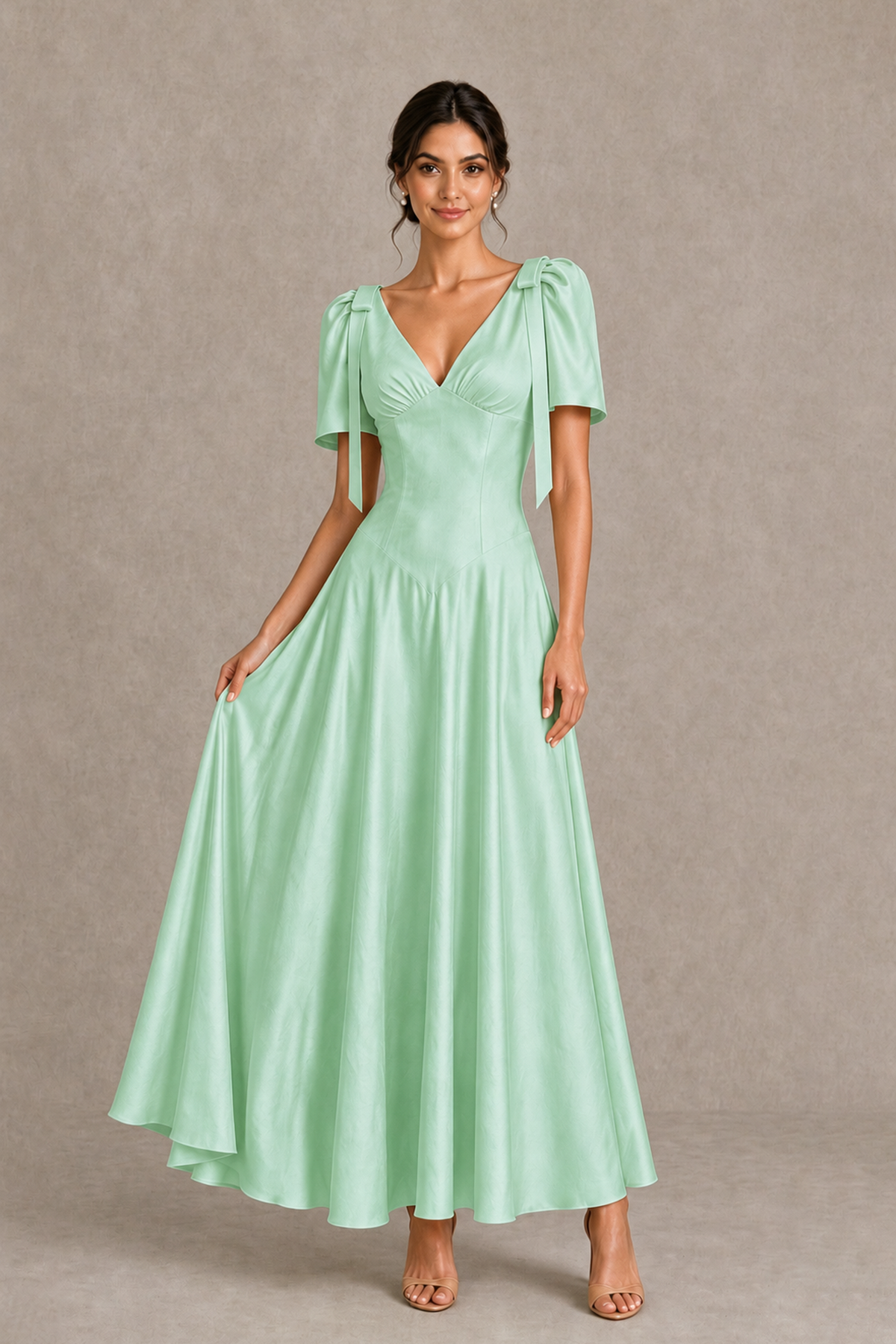 BOLODOO Mint Green V-Neck Short Sleeve Satin-Look Bridesmaid Dress with Shoulder Bows - Mint Green - Mint Green_3
