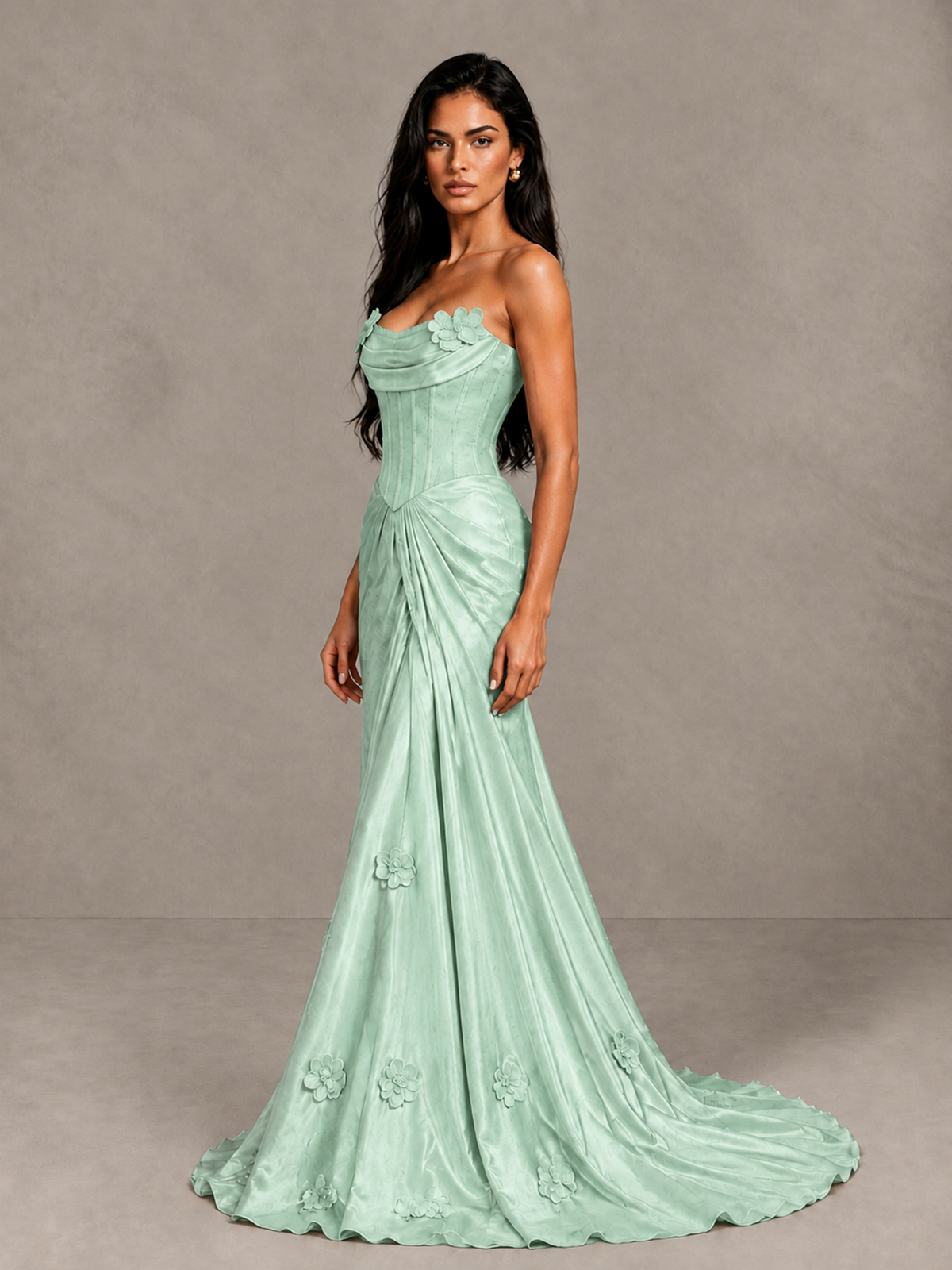 BOLODOO Mint Green Strapless Floral Corset Evening Gown with Train - Mint Green - Mint Green_3