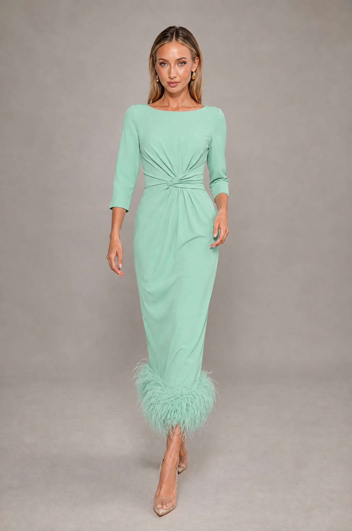 BOLODOO Mint Green Feather-Trim Twist-Waist Midi Dress - Mint Green - Mint_Green_3