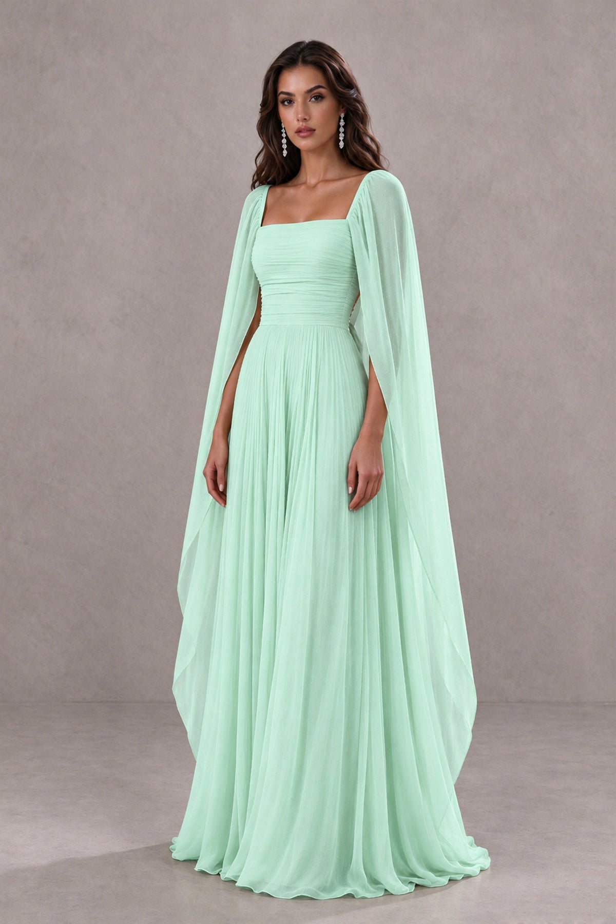 BOLODOO Mint Green Square Neck Cape Sleeve A-Line Evening Dress - Mint Green - Mint_Green_3