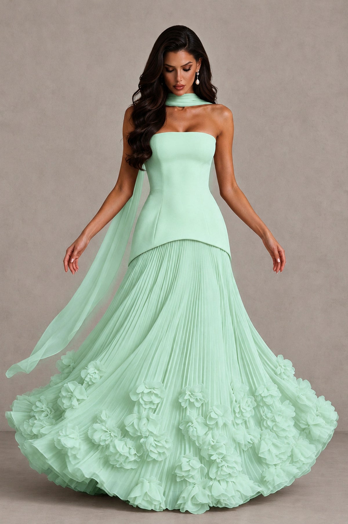 BOLODOO Mint Green Strapless Pleated Floral Hem Evening Gown - Mint Green - Mint Green_3