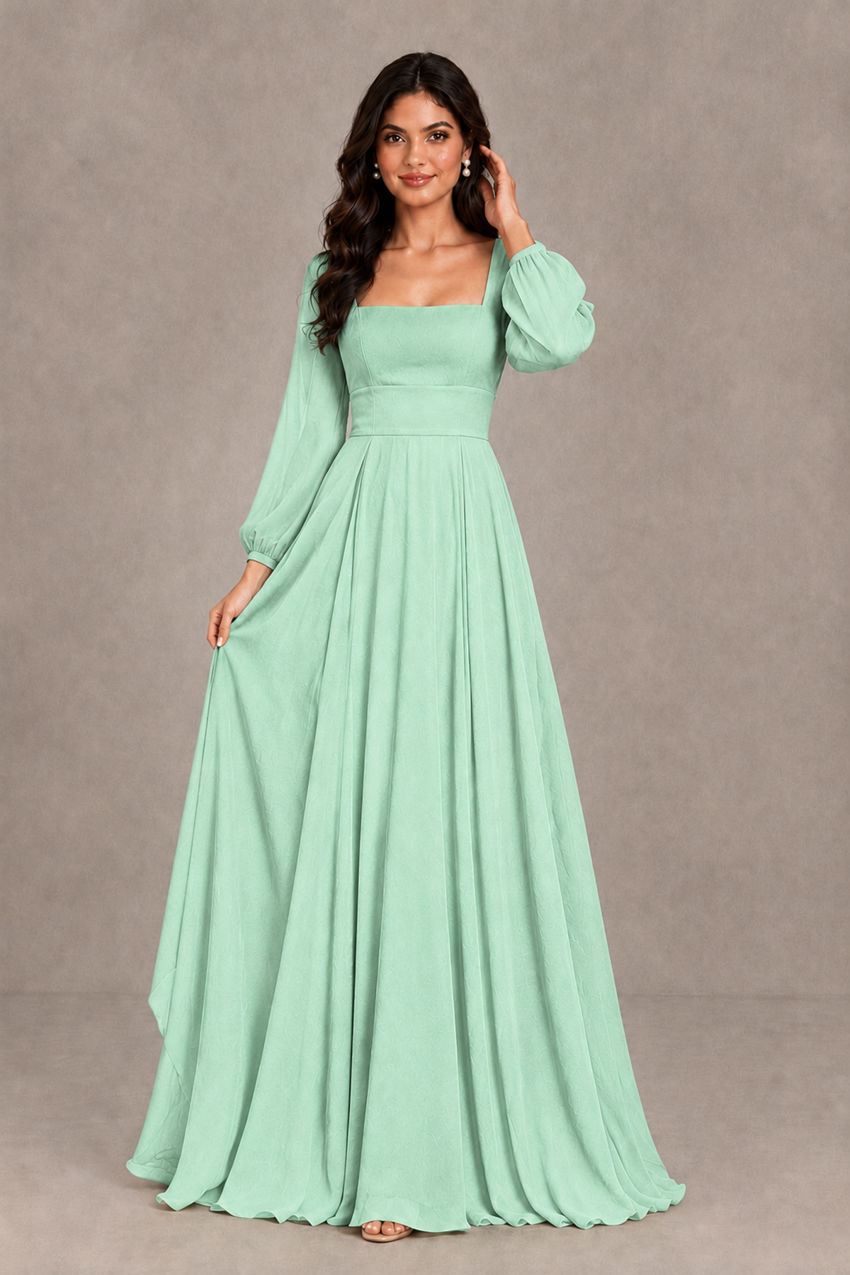 BOLODOO Mint Green Square Neck Long Sleeve A-Line Bridesmaid Dress - Mint Green - Mint Green_3