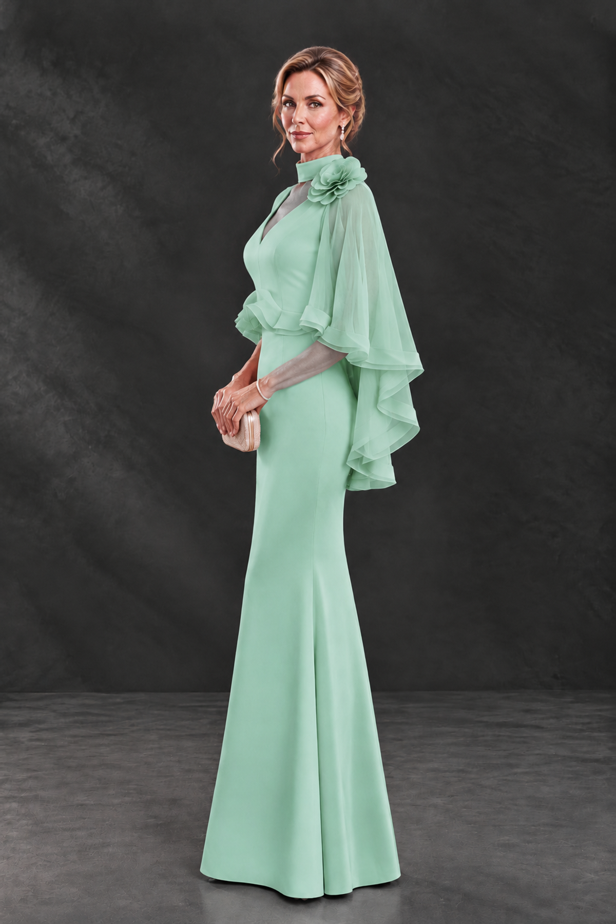 BOLODOO Mint Green Floral Cape Sleeve Mother of the Bride Dress - Mint Green - Mint_Green_3